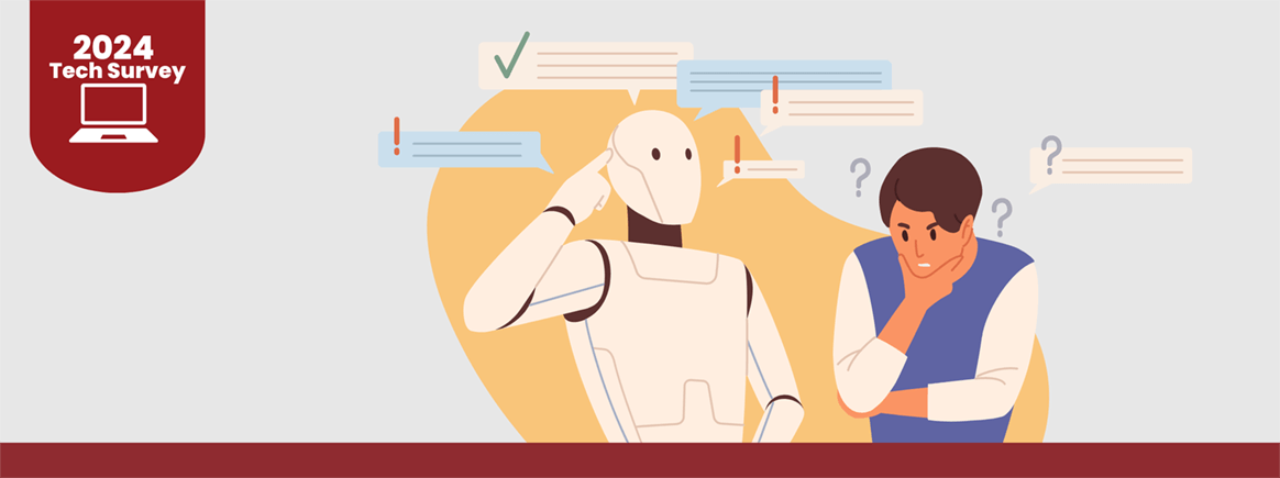 Illustration of a human and AI robot thinking, surrounded by speech bubbles, highlighting legal implications and concerns about AI taking over jobs