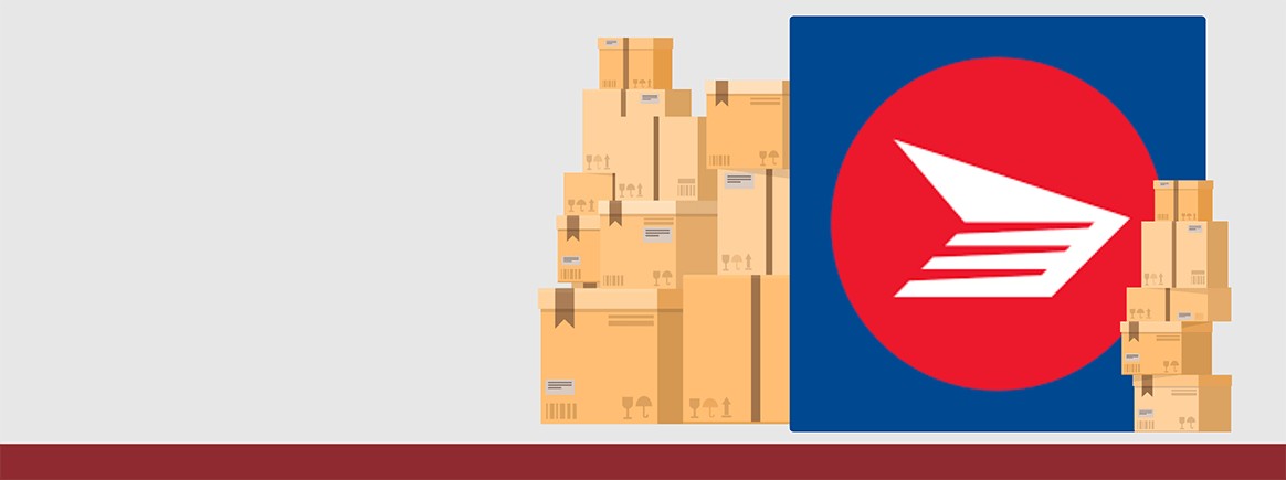 Canada Post logo with piles of cardboard boxes