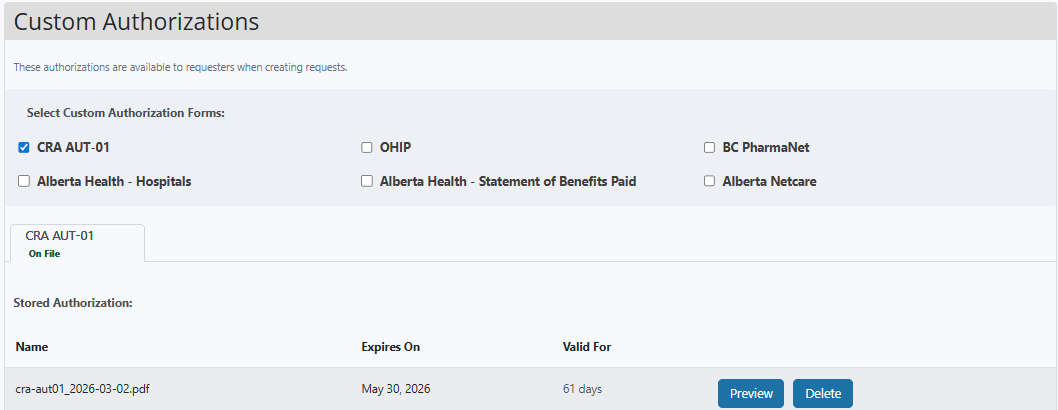 Screenshot of Tracument application showing Custom Authorizations