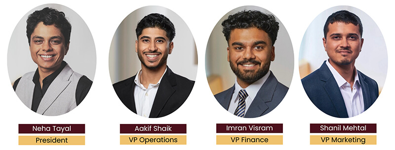 Meet the team at DeGroote Entrepreneurship Club (DEC): Neha Tayal, President; Aakif Shaik, VP Operations; Imran Visram, VP Finance; Shanil Mehta, VP Marketing