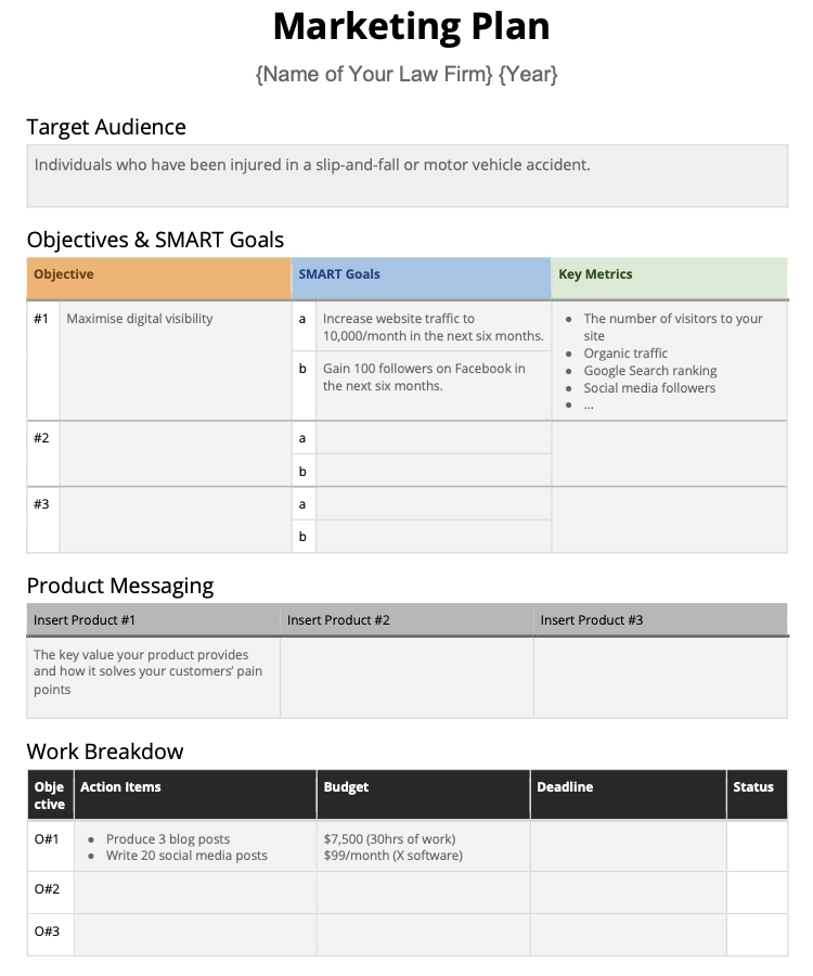 1-page law firm marketing plan